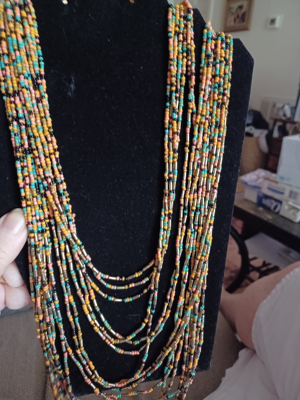 Multistrand Beaded Statement Necklace in Teal, Mustard & Copper 18 Strand